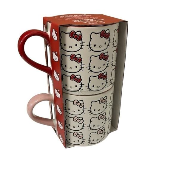 Hello Kitty by Sanrio set 2 large face mugs one pink bow and one red bow red NEW - Picture 2 of 7